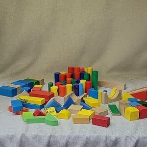 Colorful Wooden Building Blocks Mixed Shapes Kids Toys Lot of 75+ pieces